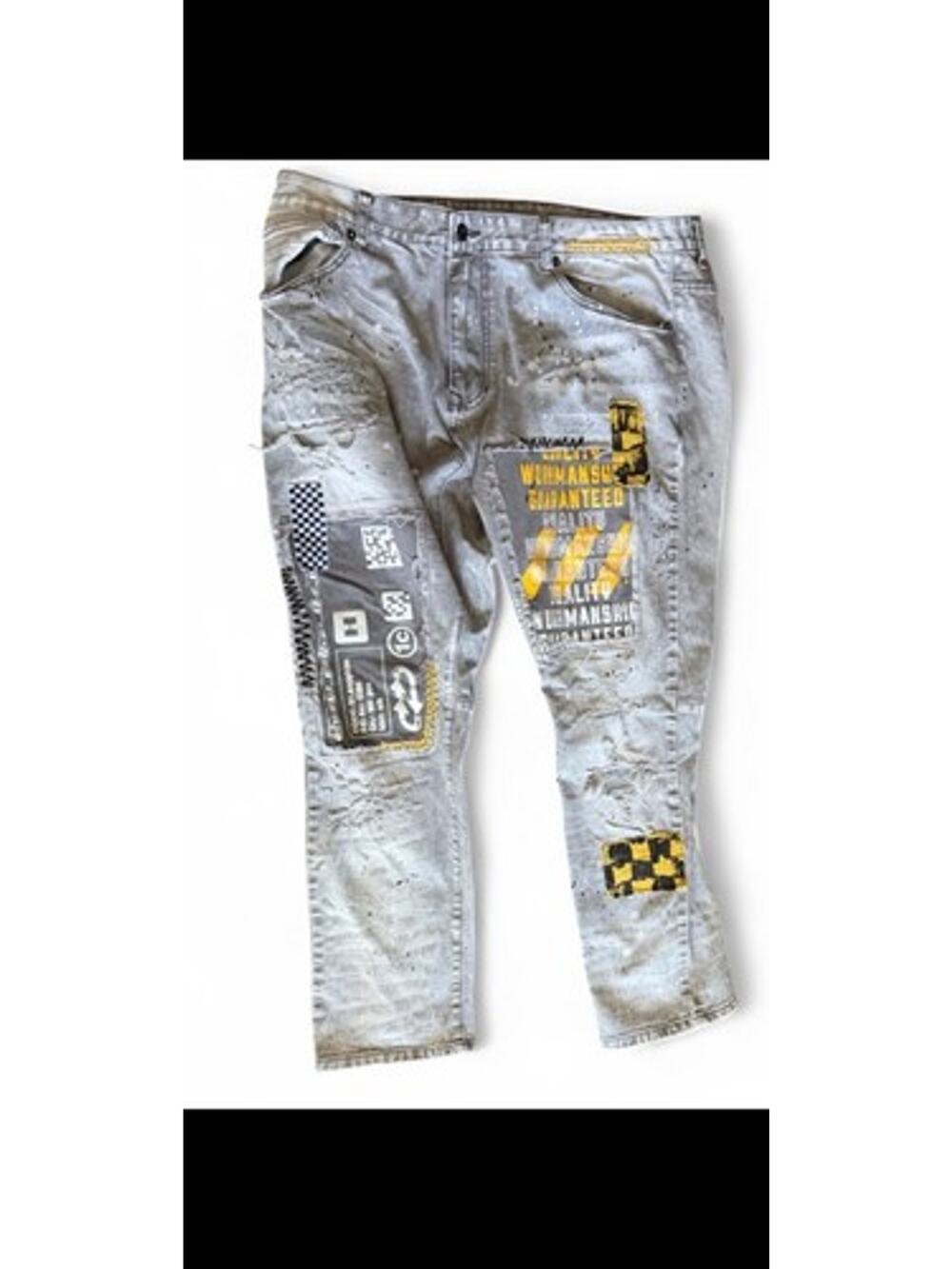 Smoke Rise Baggy Jeans Gray Light Wash Stretch Distressed Graphic Print 44x32